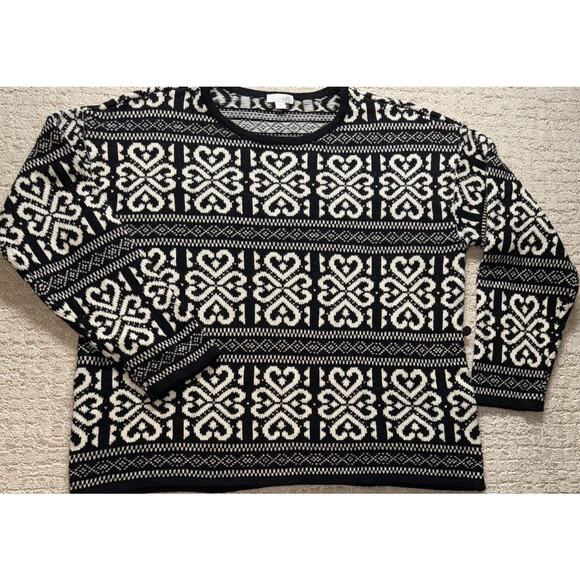 J.Jill Fair Isle Heart Crew Neck Sweater Black White Size L Knit Pullover - Picture 1 of 7